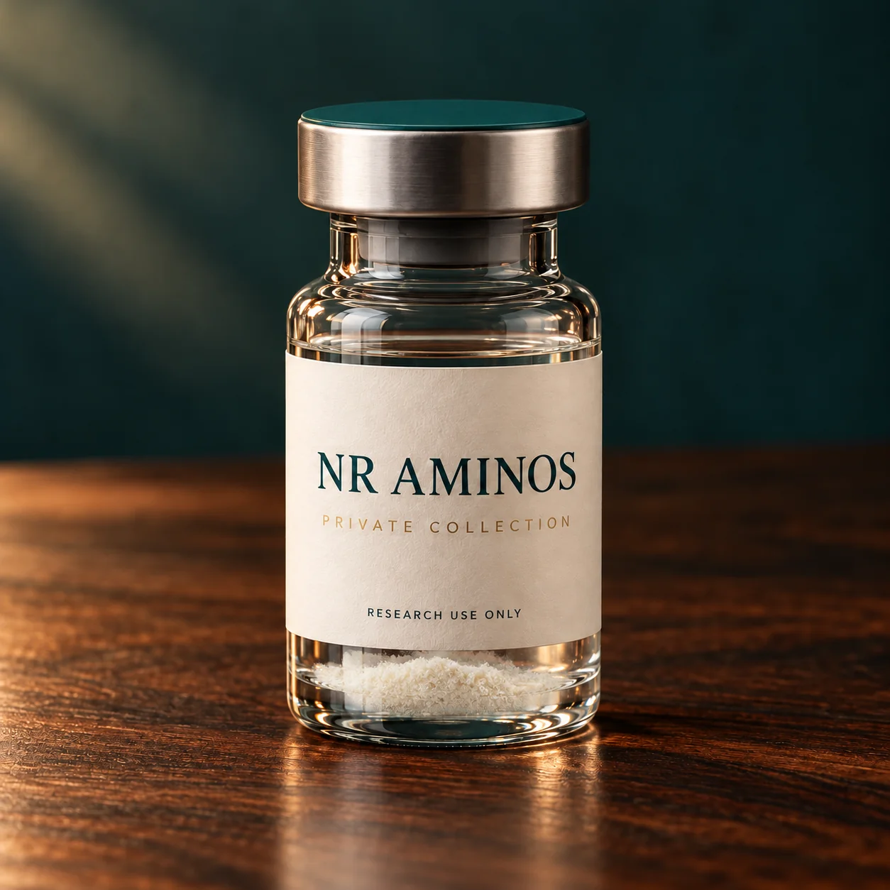 NR Aminos clear glass vial on a walnut table — packaging concept